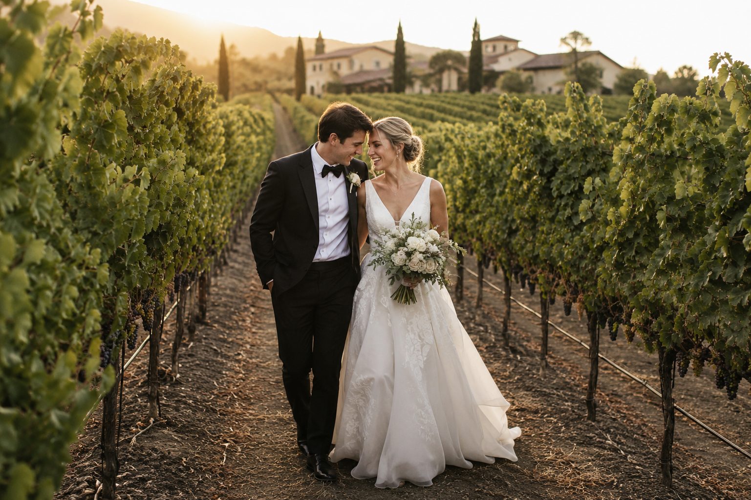 Bride and groom walking through a Temecula Wine Country vineyard at sunset — wedding photography by Murrieta Media