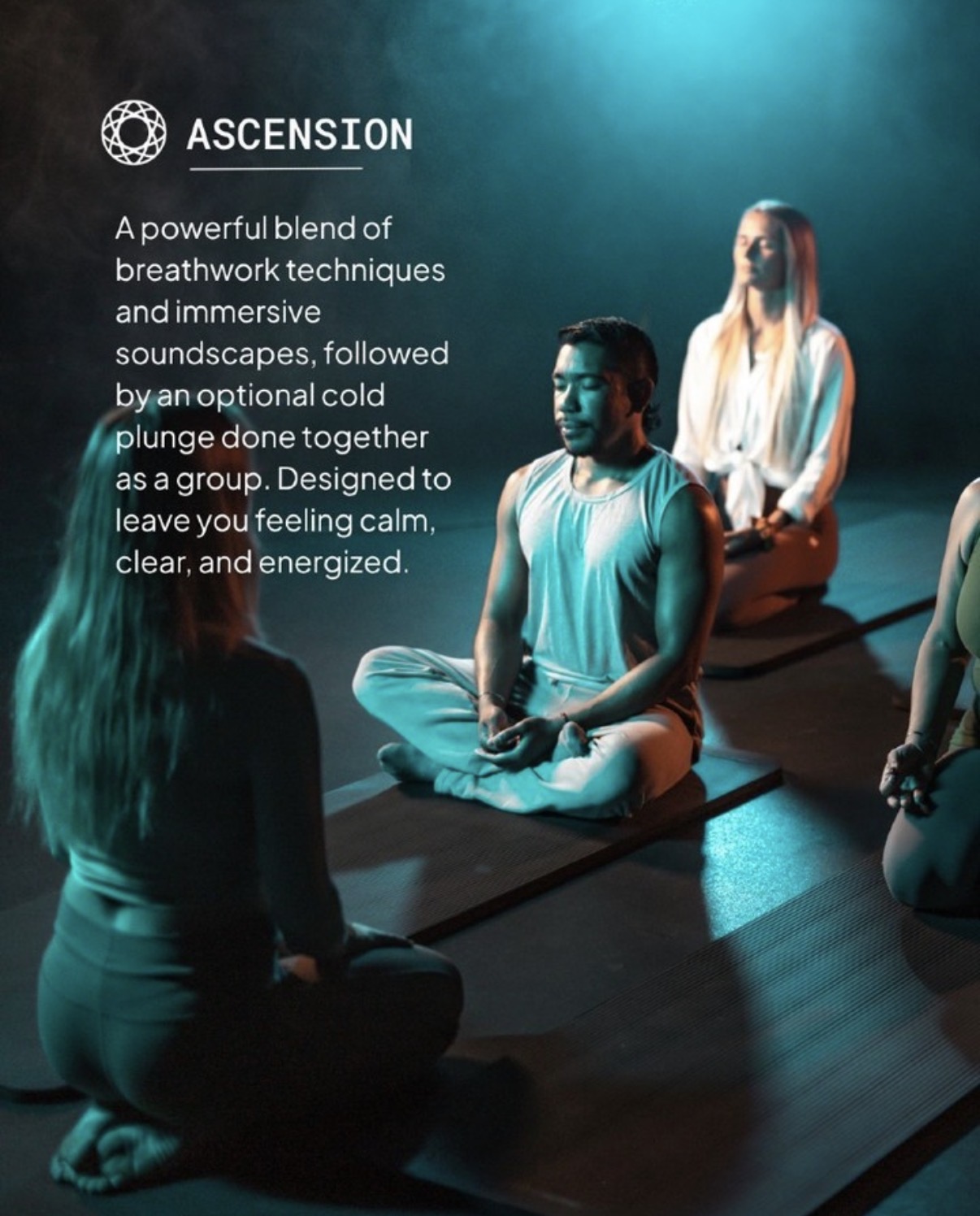 Cellevate Ascension class graphic — breathwork and immersive soundscapes with group cold plunge — social campaign design by Murrieta Media