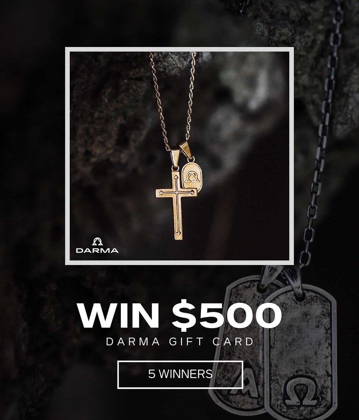 Darma Win $500 gift card giveaway ad with gold cross pendant — social media ad design by Murrieta Media