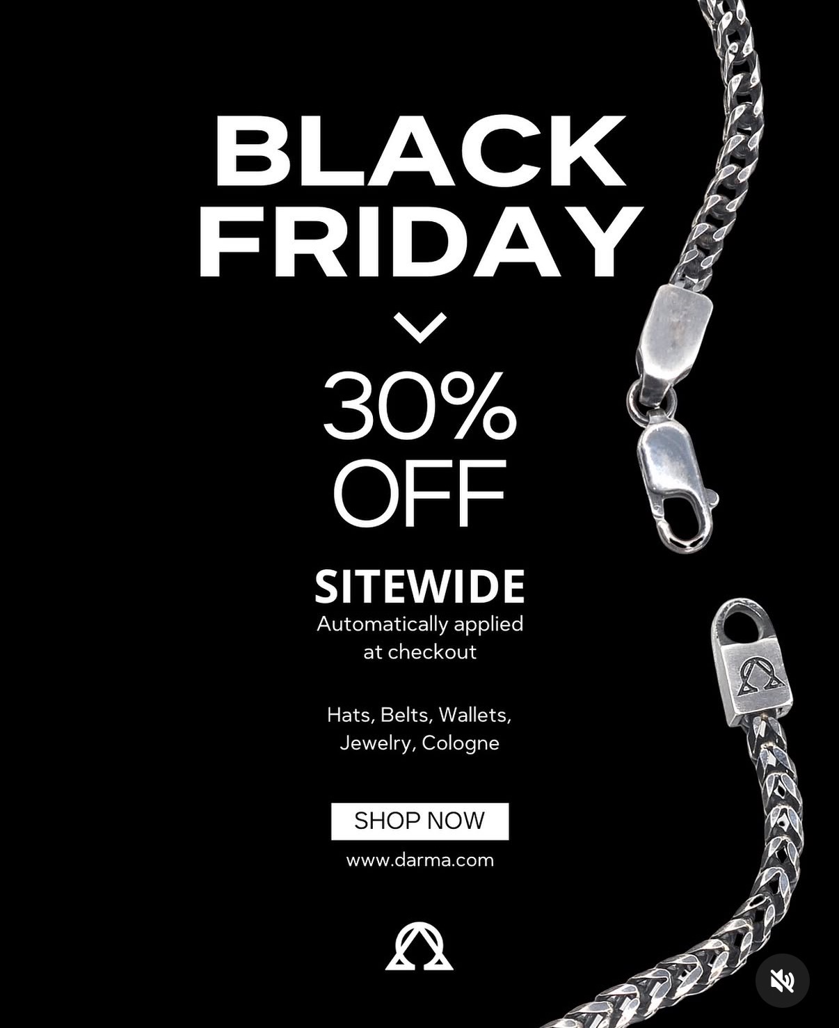 Darma Black Friday 30% off sitewide Instagram ad with silver chain — graphic design and ad creative by Murrieta Media