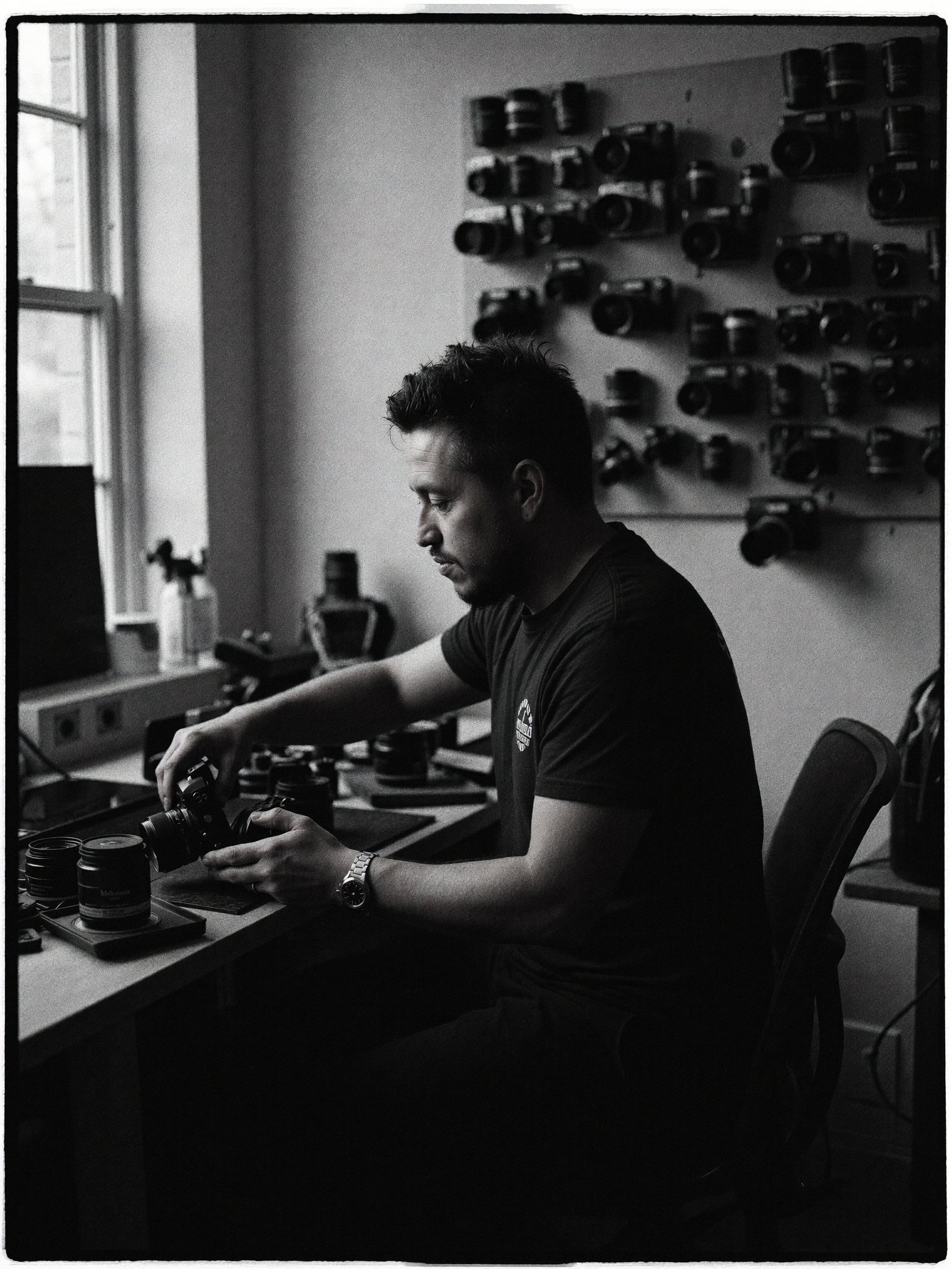 Black and white photo of Jonathan Ramirez at his workbench handling a film camera with a wall of vintage cameras and lenses behind him — photographer and videographer at Murrieta Media in Murrieta, California
