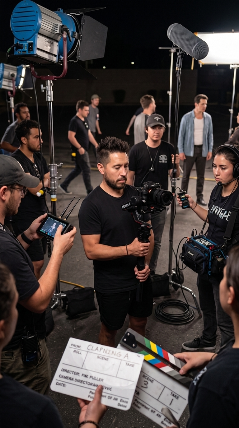 Jonathan Ramirez holding a gimbal-mounted cinema camera on a night shoot surrounded by the Murrieta Media crew with boom mic, monitors and film lights — commercial video production in Murrieta and Temecula, Southern California