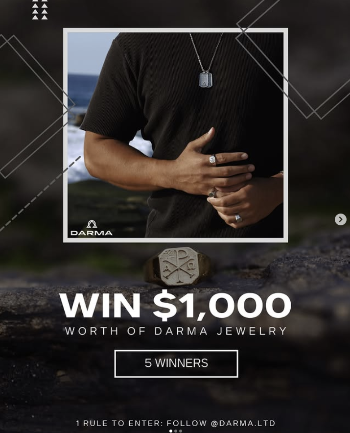 Darma Win $1,000 worth of jewelry giveaway Instagram ad with silver pendant and signet ring — social media ad design by Murrieta Media