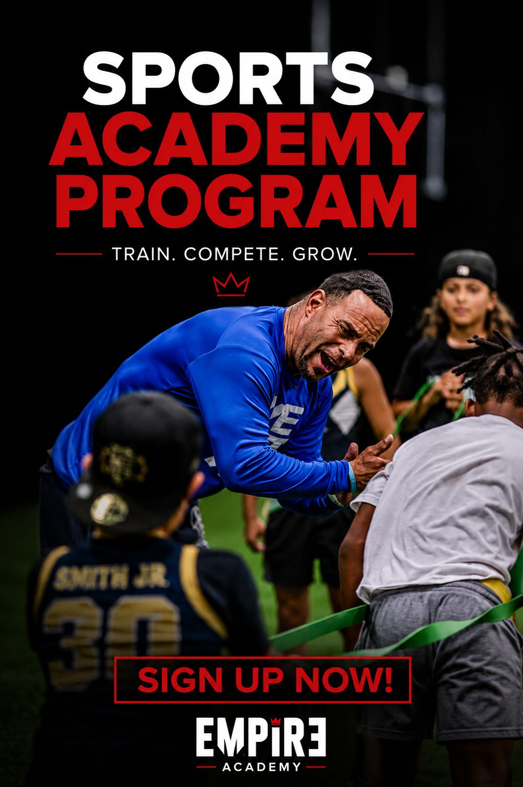 Empire Sports Academy program sign-up ad with coach training young flag football athletes — graphic design and ad creative by Murrieta Media
