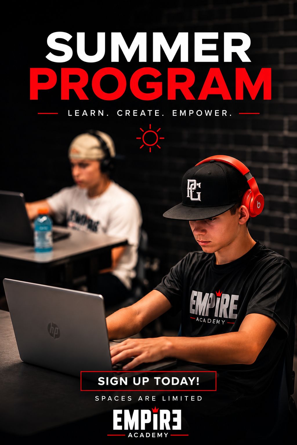 Empire Sports Academy summer program sign-up ad with student athletes on laptops — graphic design and ad creative by Murrieta Media, Murrieta California