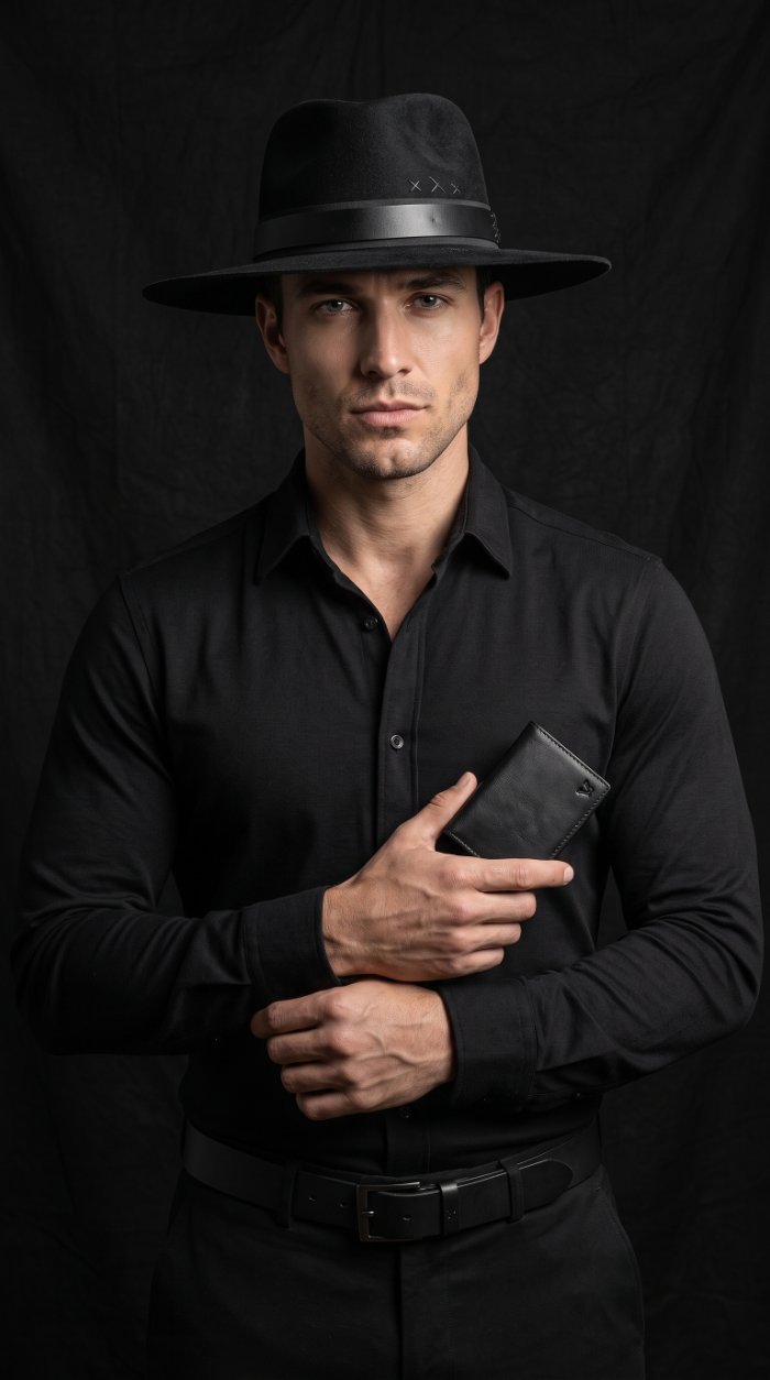 Model in black fedora and shirt holding a Darma leather wallet — men’s accessories brand photography by Murrieta Media, Temecula