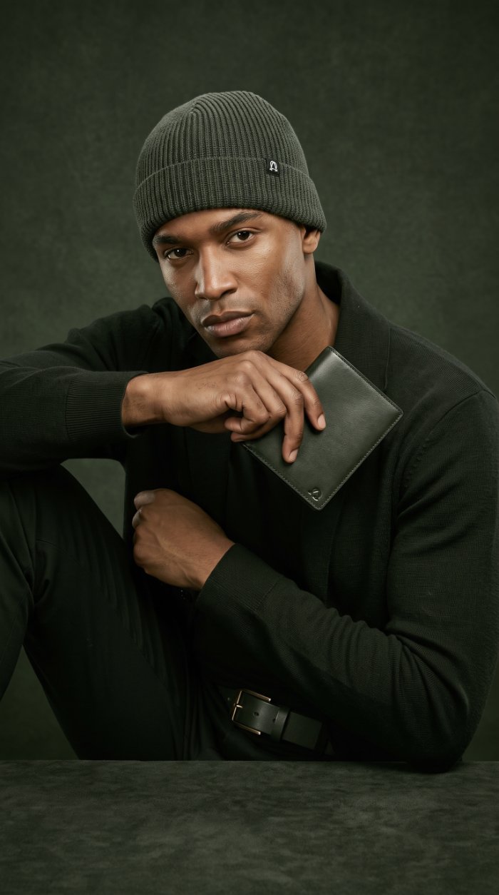Portrait of a man in an olive beanie holding a green leather wallet against a dark backdrop — brand and product photography by Murrieta Media in Murrieta and Temecula
