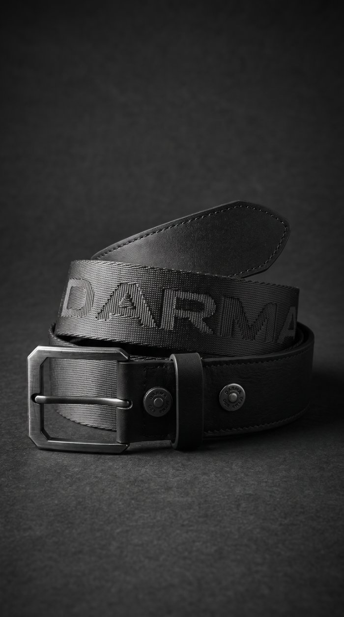 Darma logo belt with metal buckle on dark backdrop — e-commerce product photography by Murrieta Media
