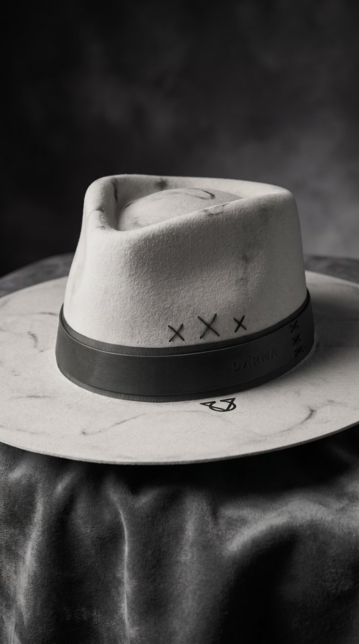 White marbled Darma fedora hat with black band on velvet — luxury product photography by Murrieta Media