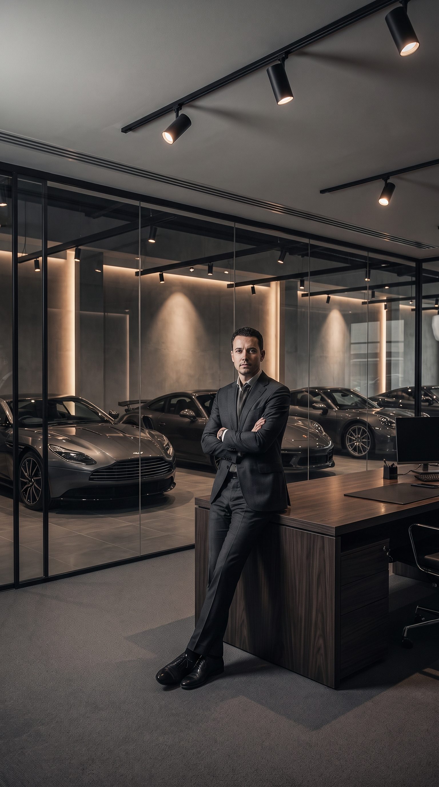 Business owner in a dark suit leaning on a desk in a glass-walled luxury car showroom — brand video and photography for businesses in Murrieta, Temecula and Southern California by Murrieta Media