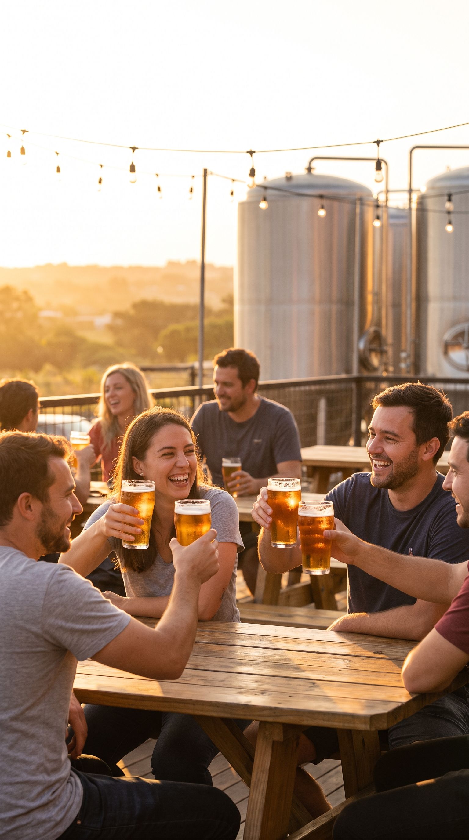 Friends toasting beers at a brewery patio at golden hour — event and brand videography in Murrieta, Temecula and Southern California by Murrieta Media
