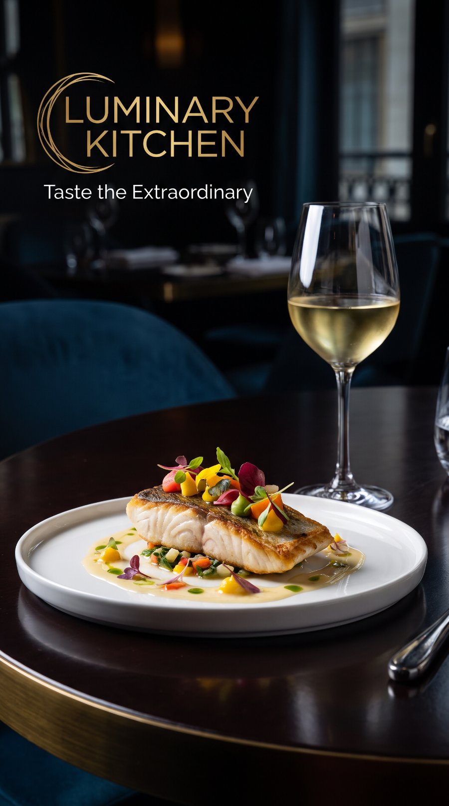 Luminary Kitchen fine dining ad with plated fish and white wine — restaurant photography and ad design by Murrieta Media, Temecula
