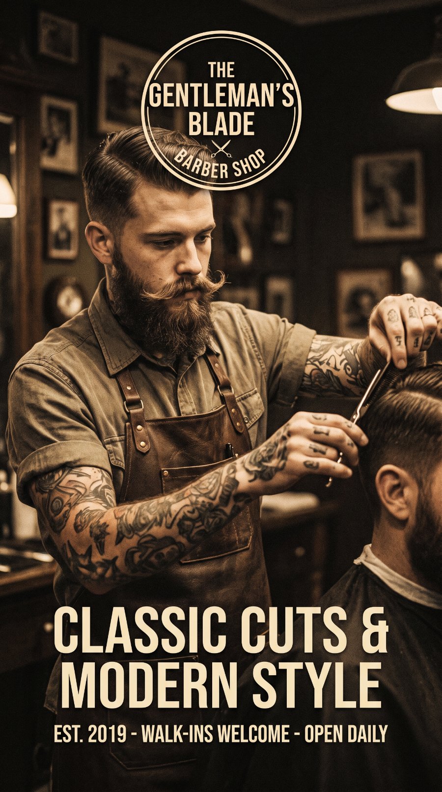 The Gentleman's Blade barbershop ad with tattooed barber cutting hair — small business branding and photography by Murrieta Media, Murrieta and Temecula
