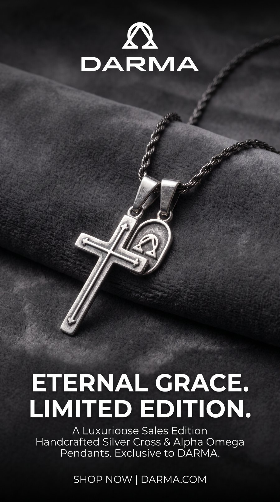 Darma silver cross pendant limited edition ad on velvet — jewelry product photography and ad design by Murrieta Media, Murrieta CA