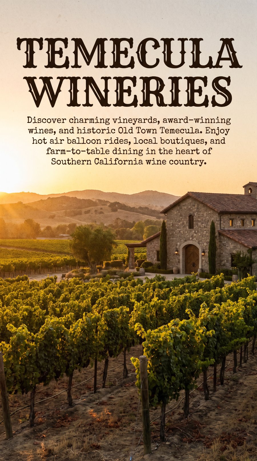 Temecula Wineries travel ad with vineyard estate at sunset — Temecula Valley wine country photography and design by Murrieta Media