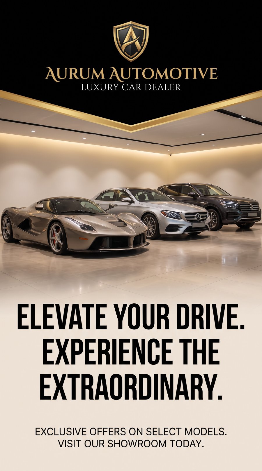 Aurum Automotive luxury car dealer showroom ad — automotive brand photography and ad design by Murrieta Media, Southern California