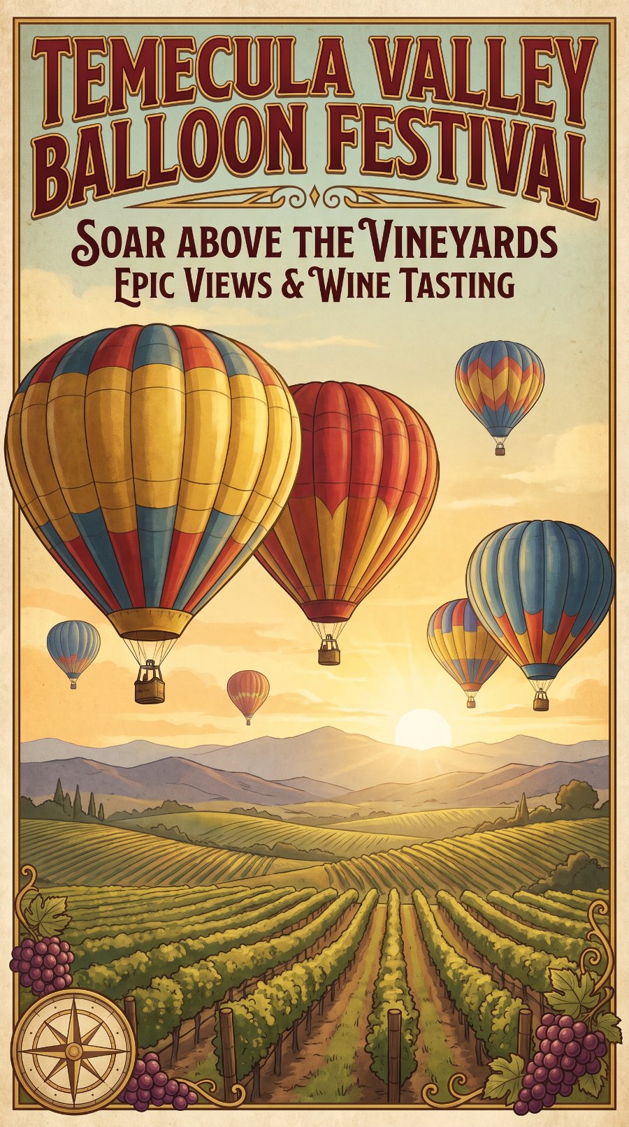 Temecula Valley Balloon Festival vintage poster with hot air balloons over vineyards — event poster design by Murrieta Media
