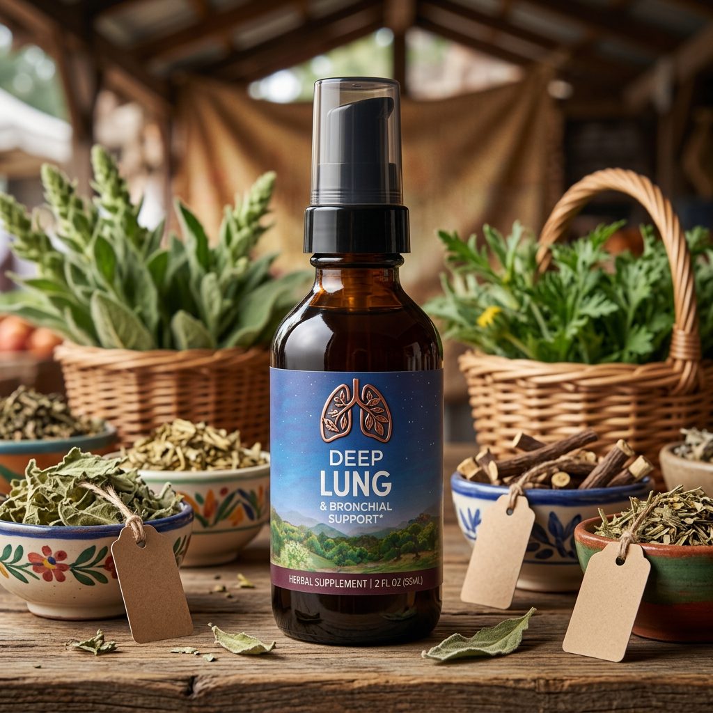 Deep Lung herbal supplement bottle styled on a rustic wood table with baskets of fresh herbs — natural product photography by Murrieta Media in Murrieta, California