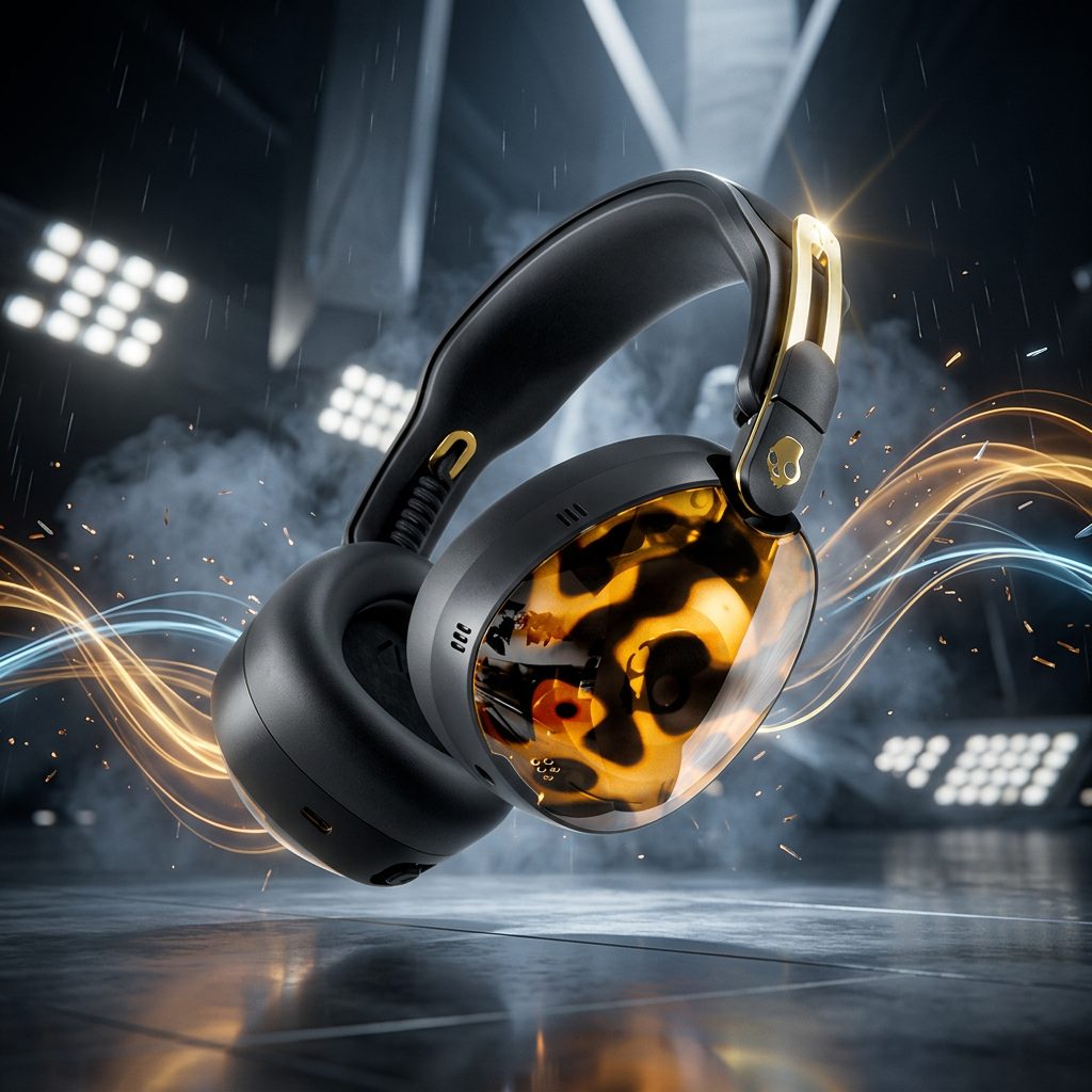 Black and gold over-ear headphones floating in a dark arena with sparks and light trails — tech product photography by Murrieta Media, Temecula