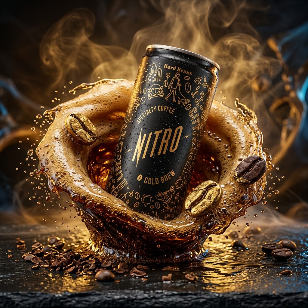 Nitro cold brew specialty coffee can in a dramatic splash of golden coffee with beans — beverage product photography by Murrieta Media, Temecula