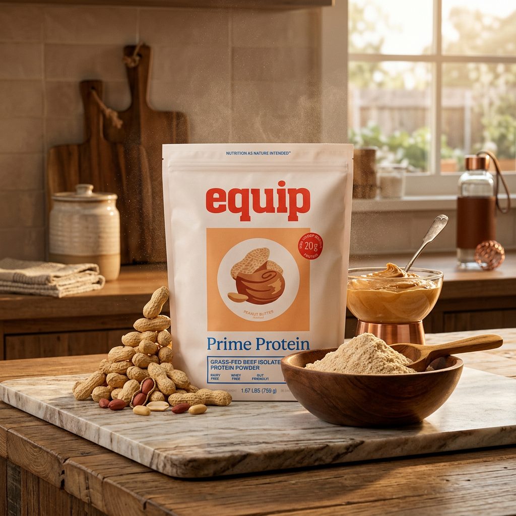 Equip Prime Protein peanut butter protein powder bag in a warm sunlit kitchen with peanuts and wooden bowl — food product photography by Murrieta Media, Southern California