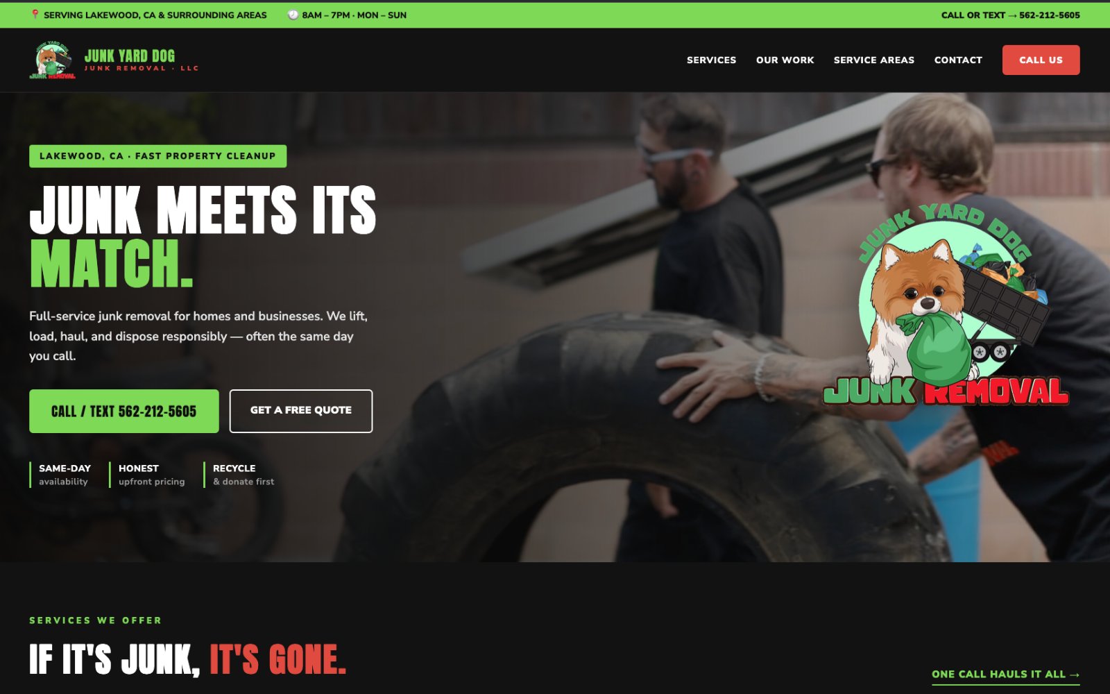 Junk Yard Dog Junk Removal website homepage — same-day junk hauling and cleanouts, custom website designed and built by Murrieta Media