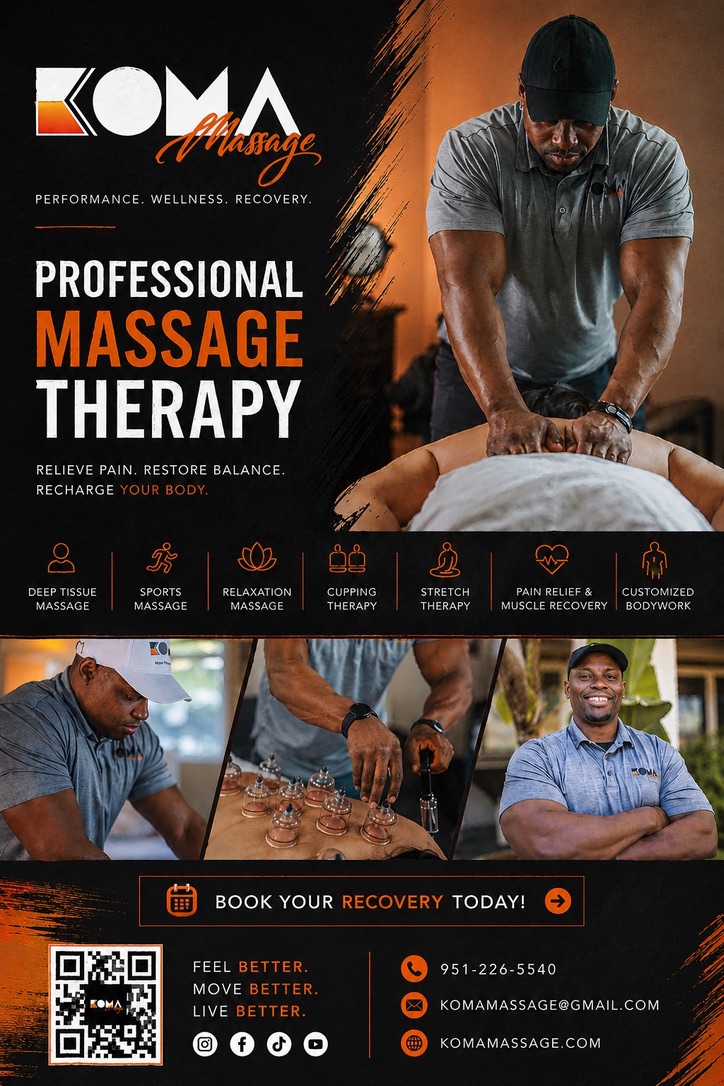 Koma Massage flyer — professional massage therapy in Murrieta, graphic design by Murrieta Media