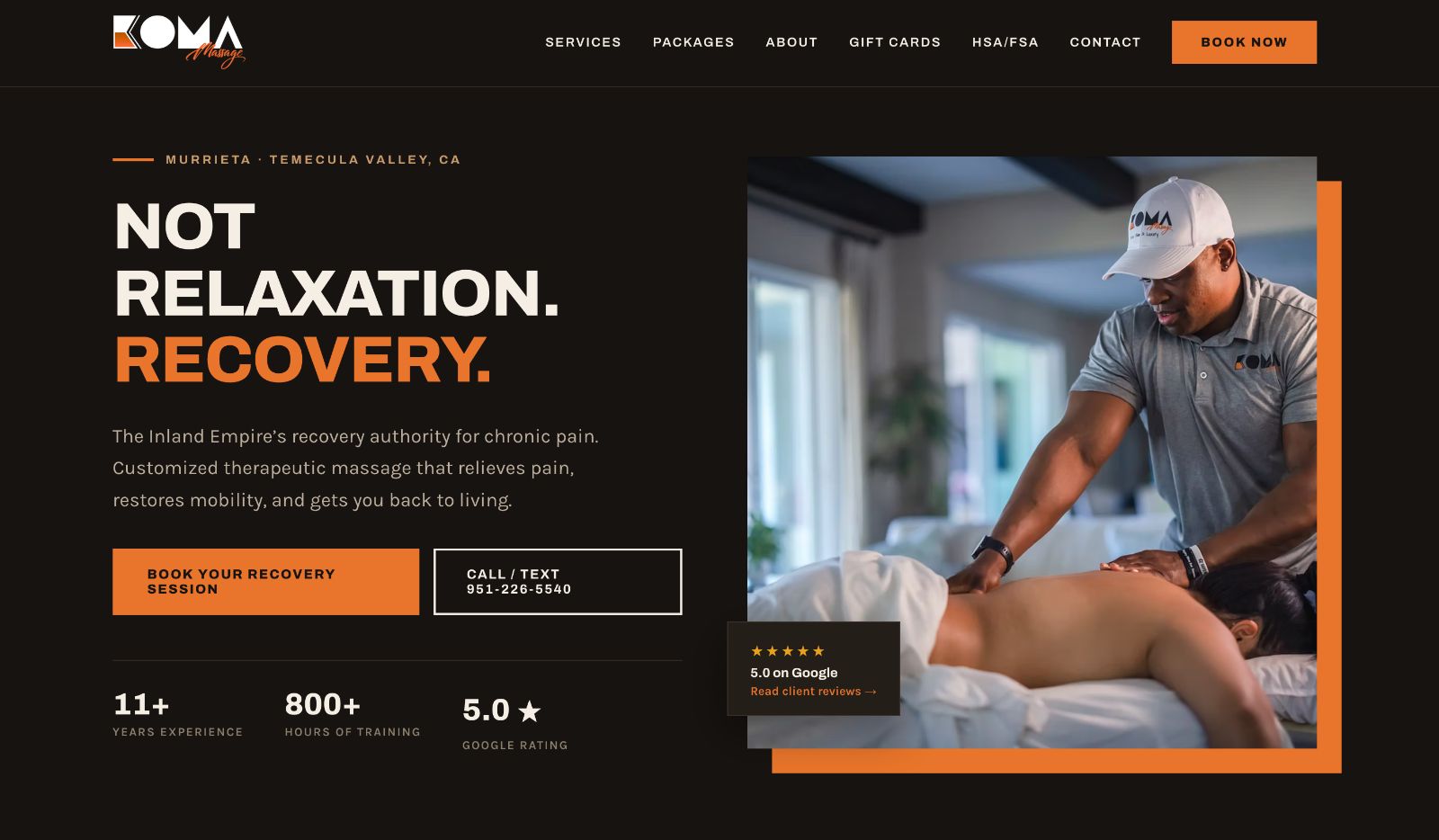 Koma Massage website in Murrieta and Temecula Valley — Not Relaxation. Recovery. — brand photography and content by Murrieta Media