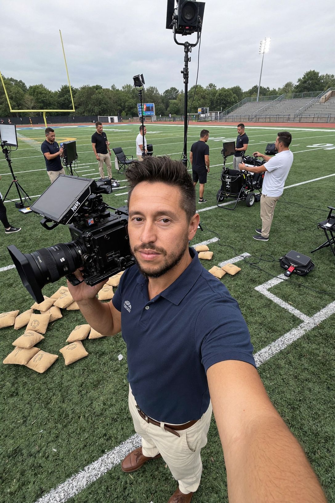 Jonathan Ramirez holding an ARRI cinema camera on a football field with crew, lights and sandbags behind him — sports and commercial video production by Murrieta Media in Southern California