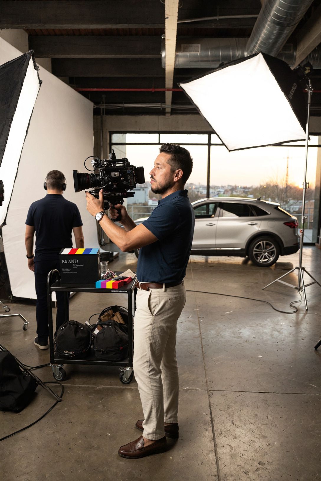 Videographer operating a cinema camera between two large softboxes on a loft set with an SUV at sunset — automotive and brand video production by Murrieta Media